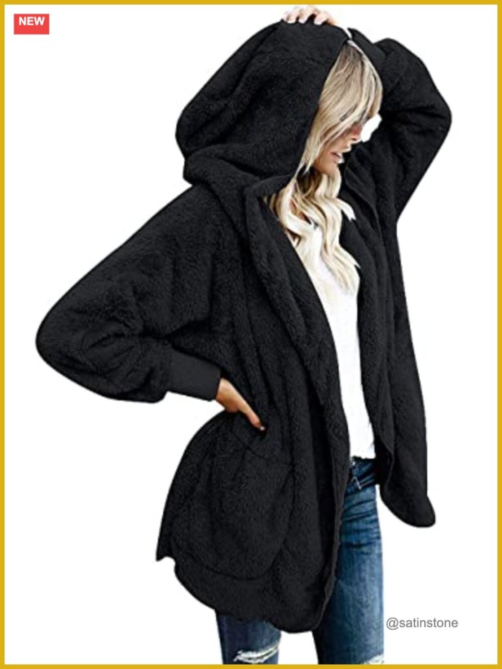 Women's Fuzzy Fleece Jacket Hooded Open Front Sherpa Cardigan Coat